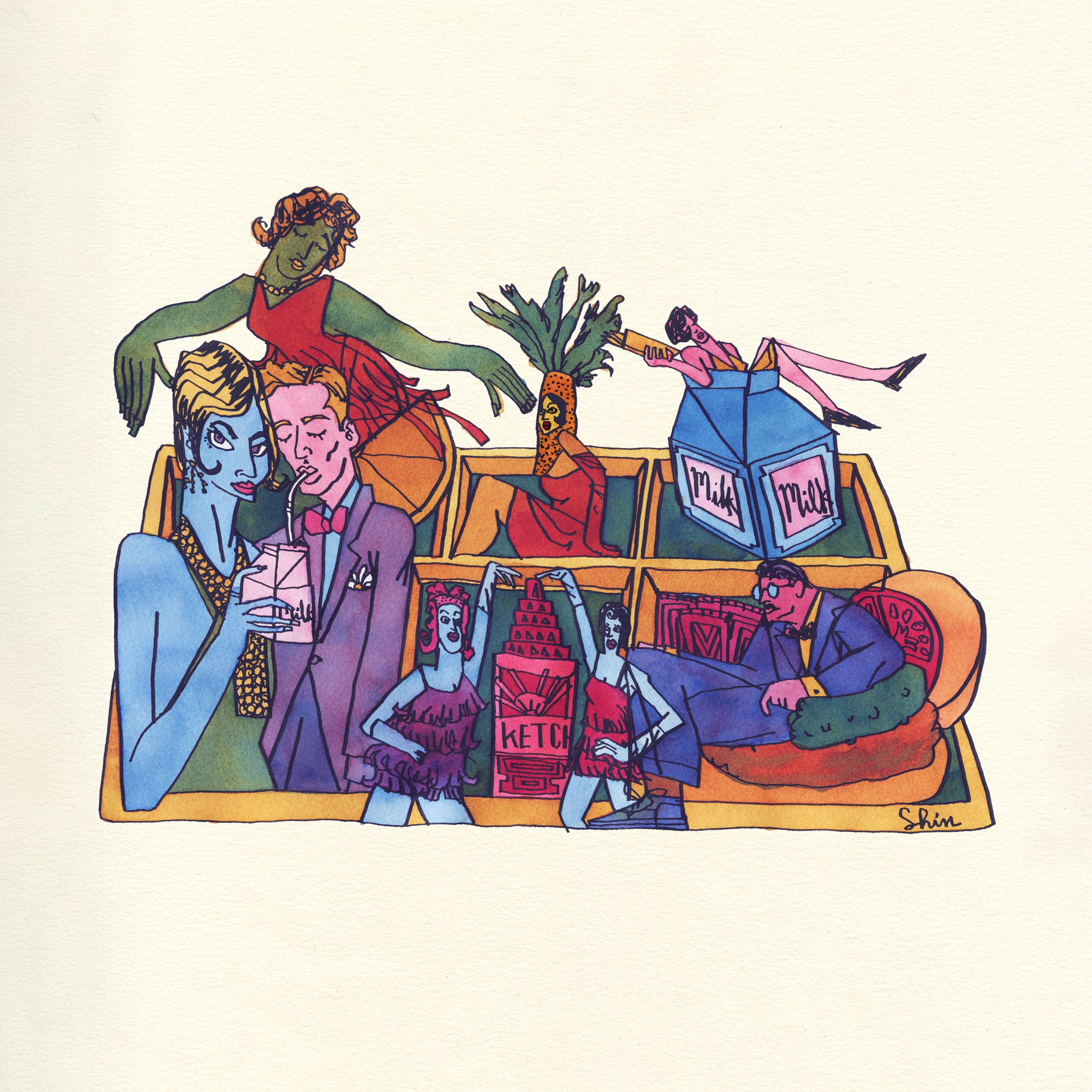 Illustration of people partying in the style of the 1920s on a school cafeteria tray
