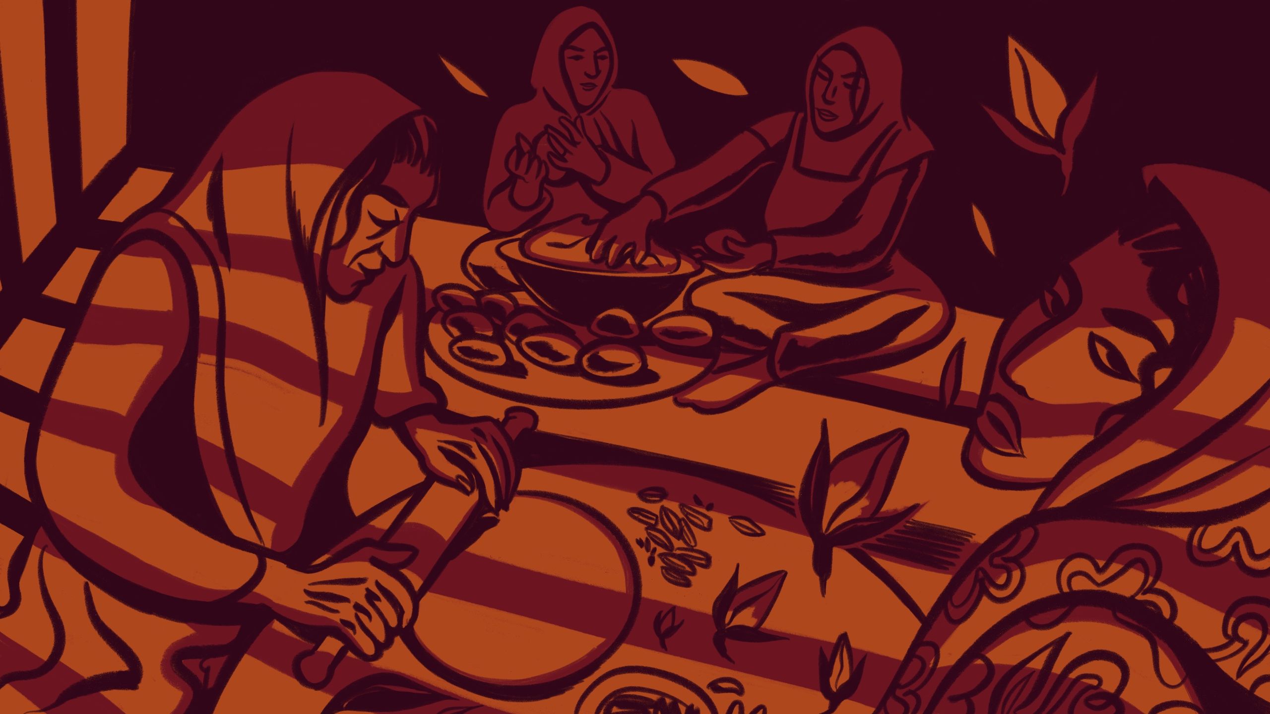 Illustration of three women inside a prison cell baking bread.