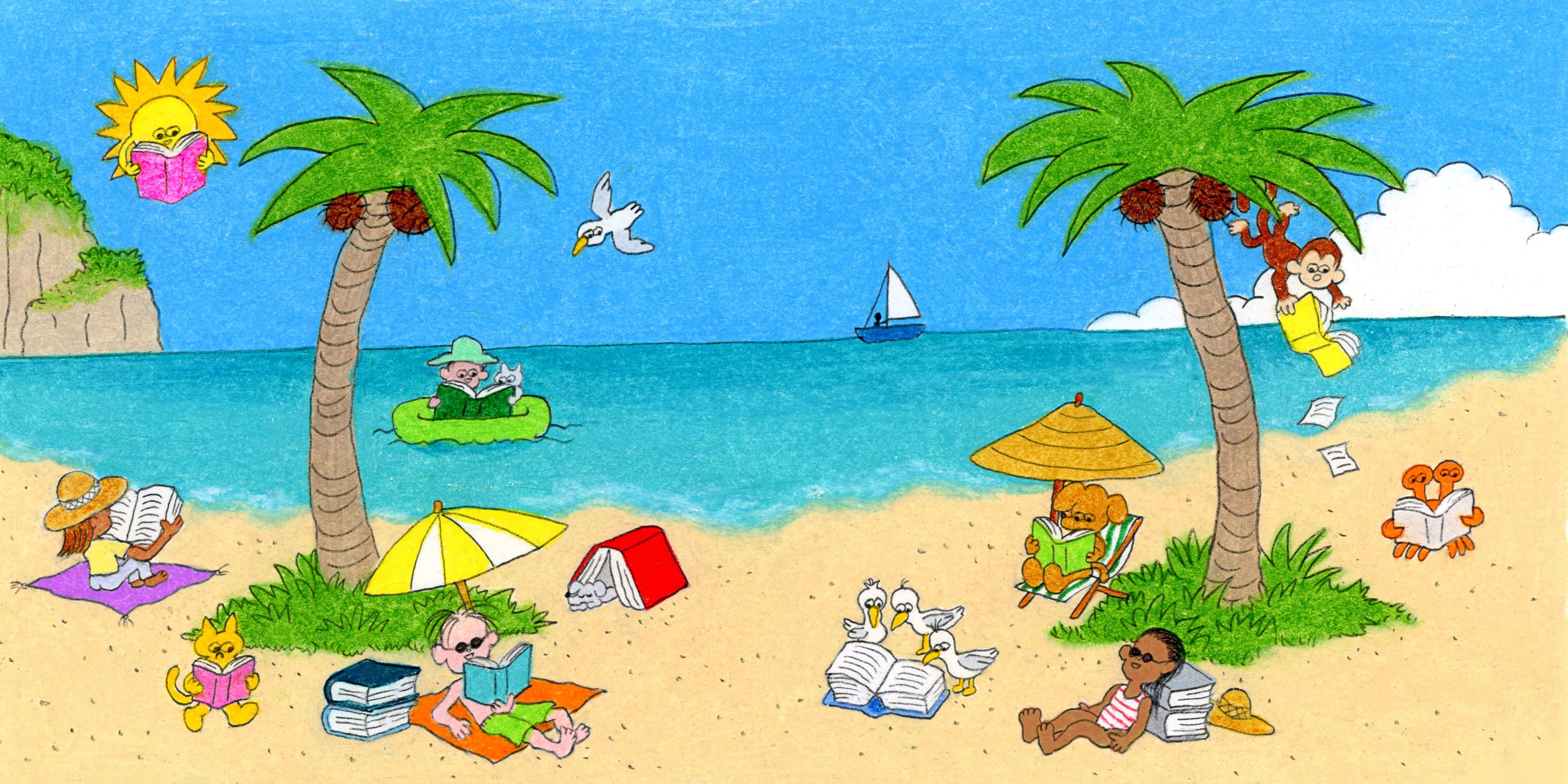 Summer beach scene animals reading long books