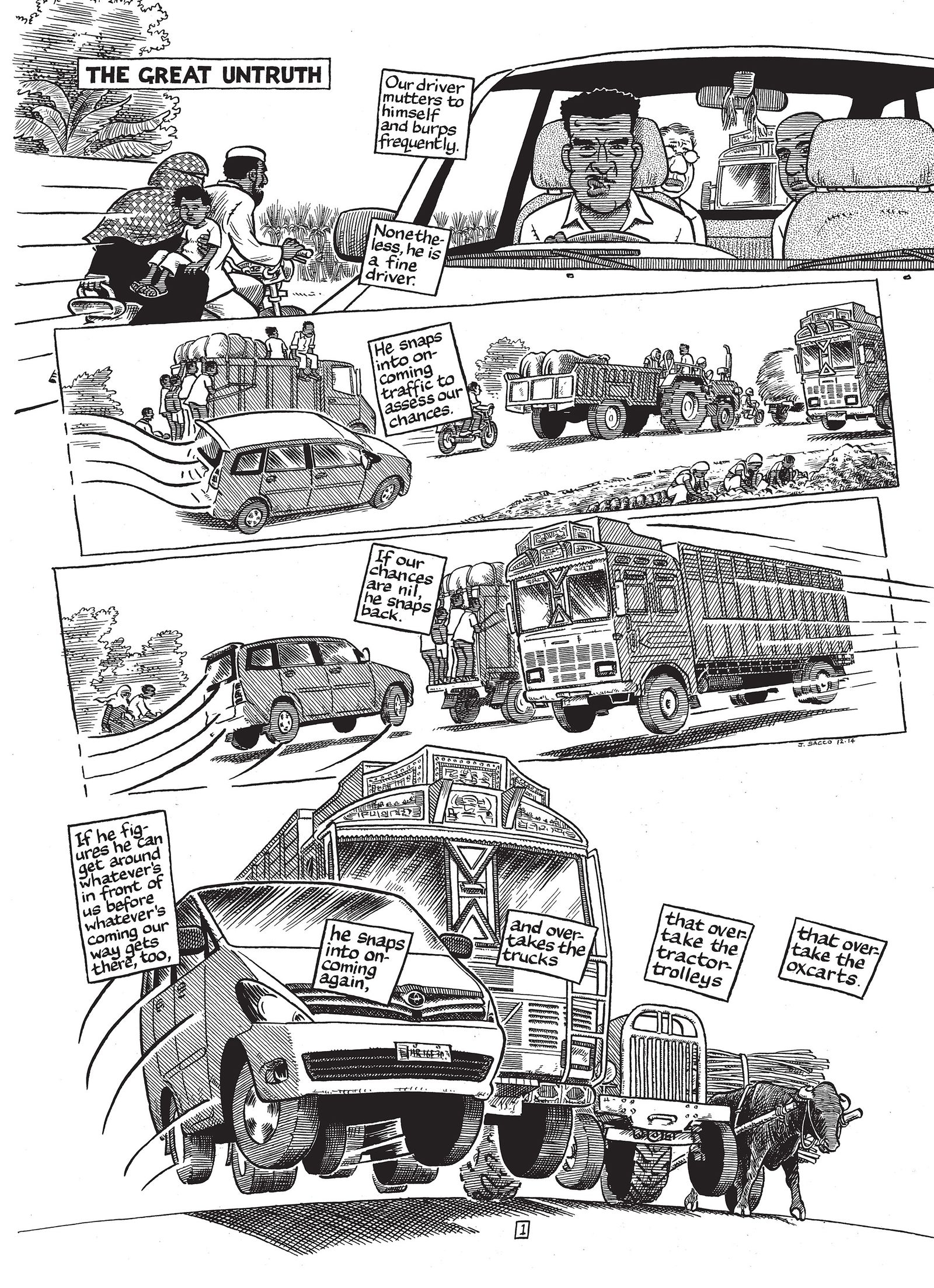 A graphic novel page in which a car drives on a busy road.
