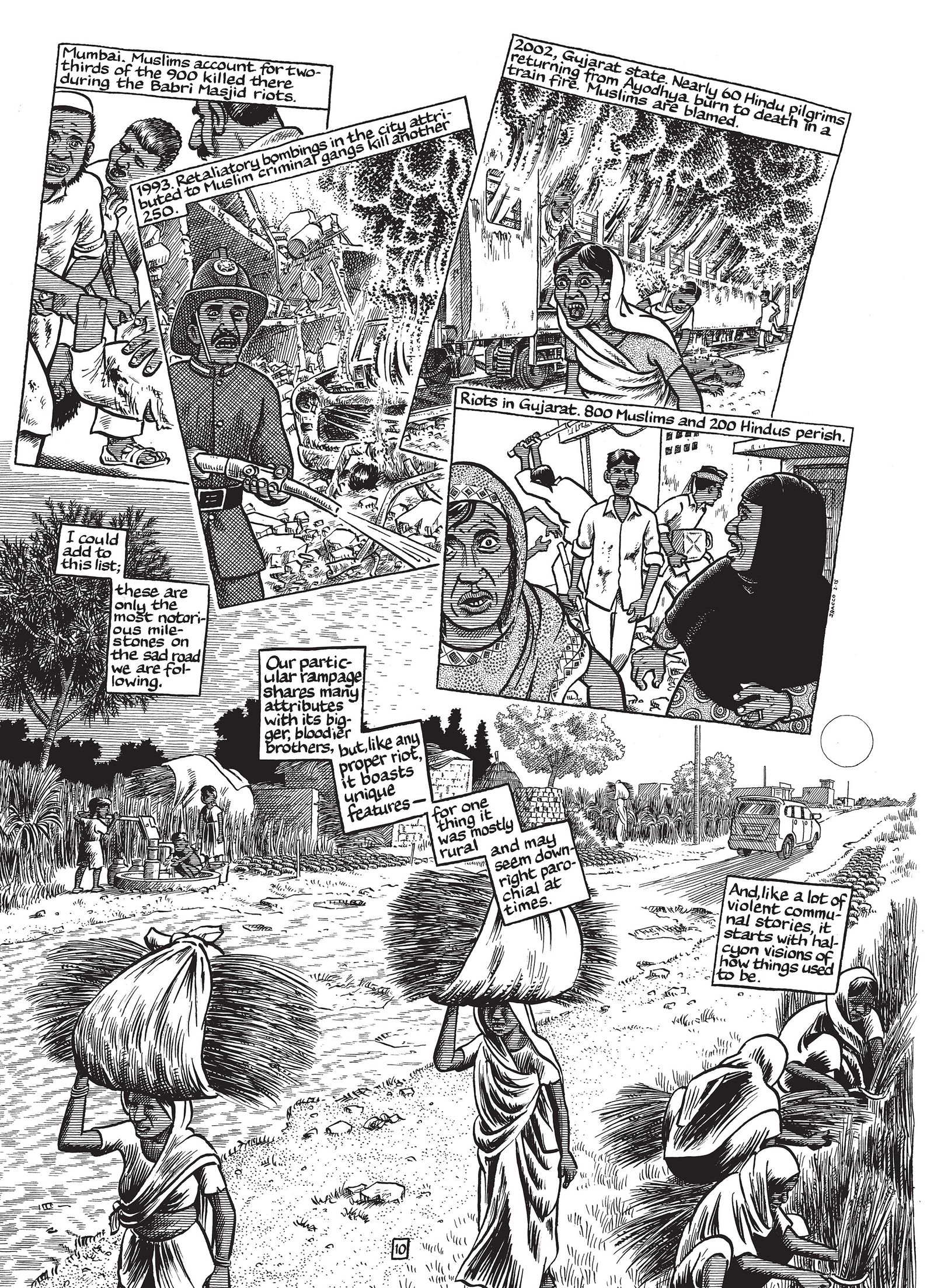A graphic novel page depicting the aftermath of a riot.