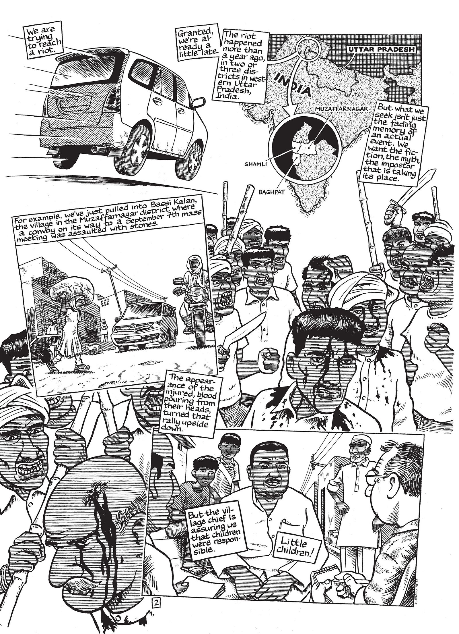 A graphic novel page that describes a riot in India.