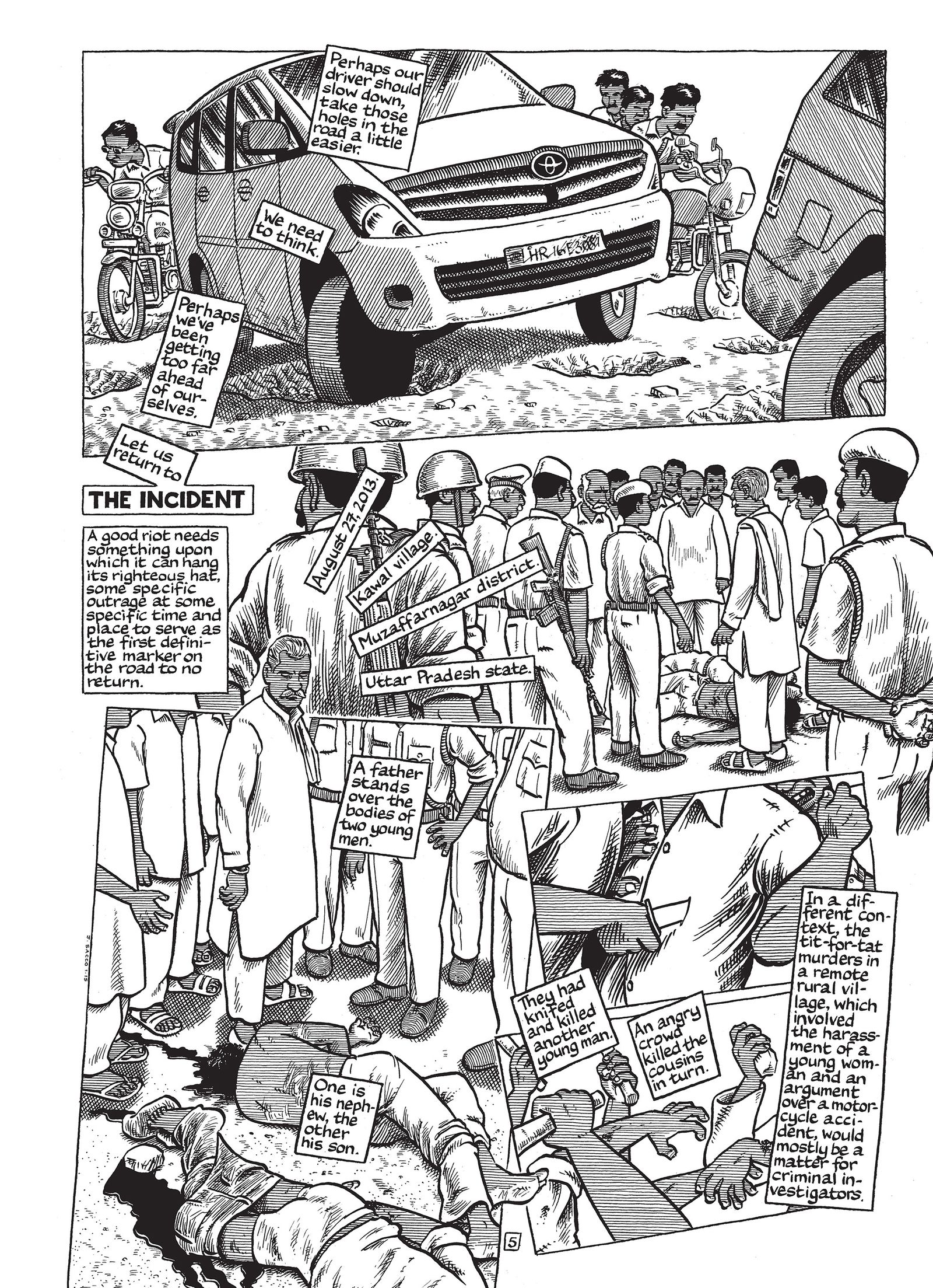 A graphic novel page depicting a man standing over the bodies of his nephew and son.