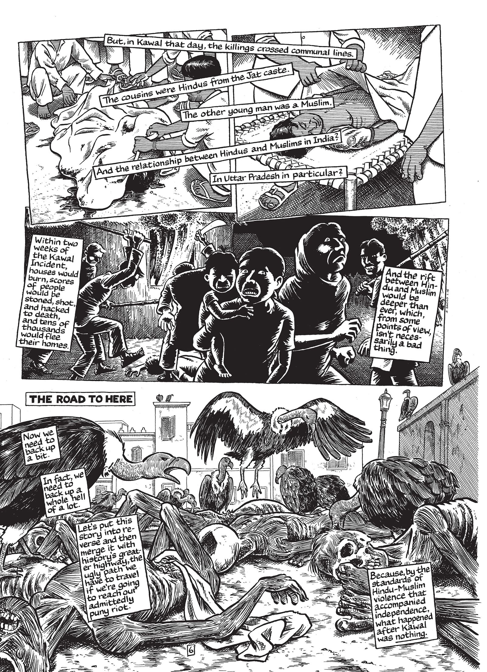 A graphic novel page depicting violence and vultures.