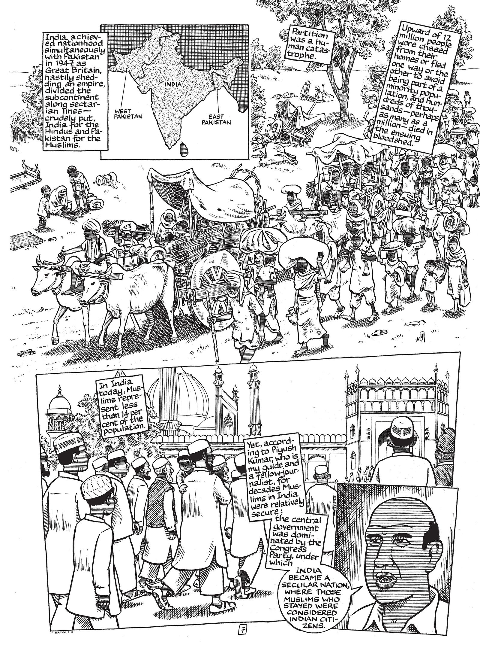 A graphic novel page in which a crowd travels in a caravan.