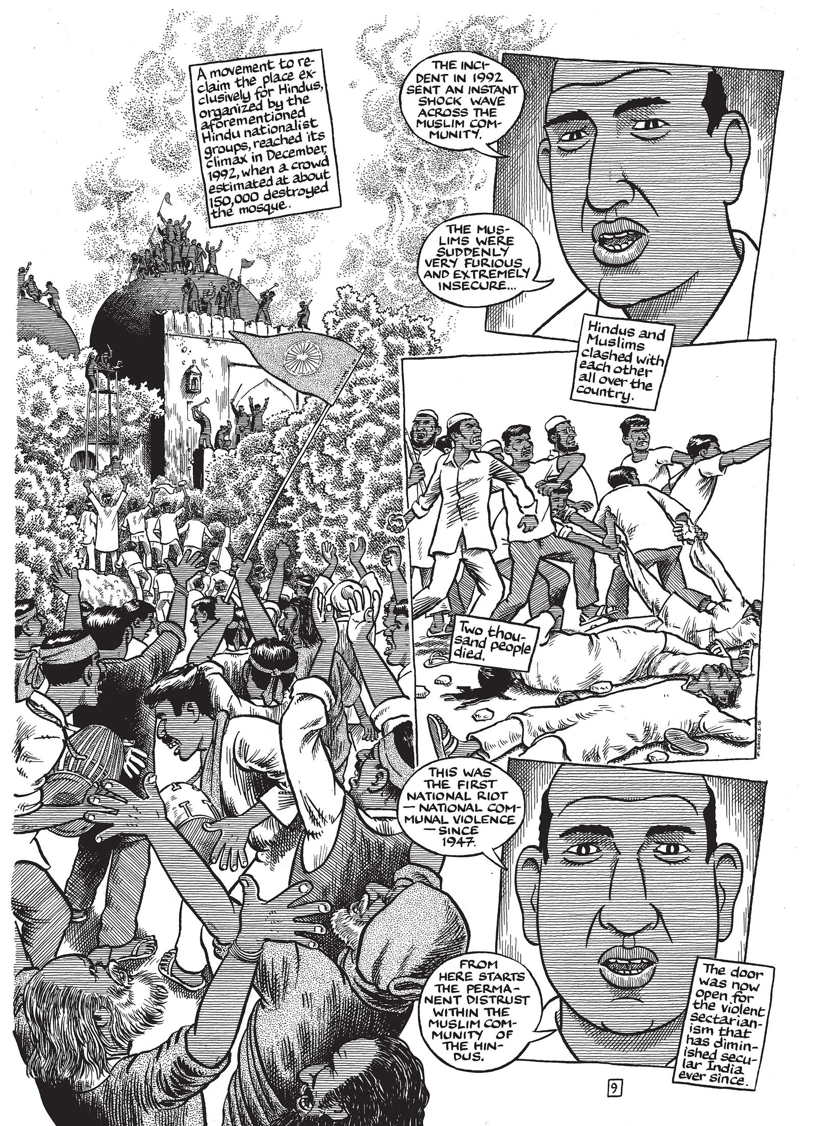 A graphic novel page in which a riot breaks out.